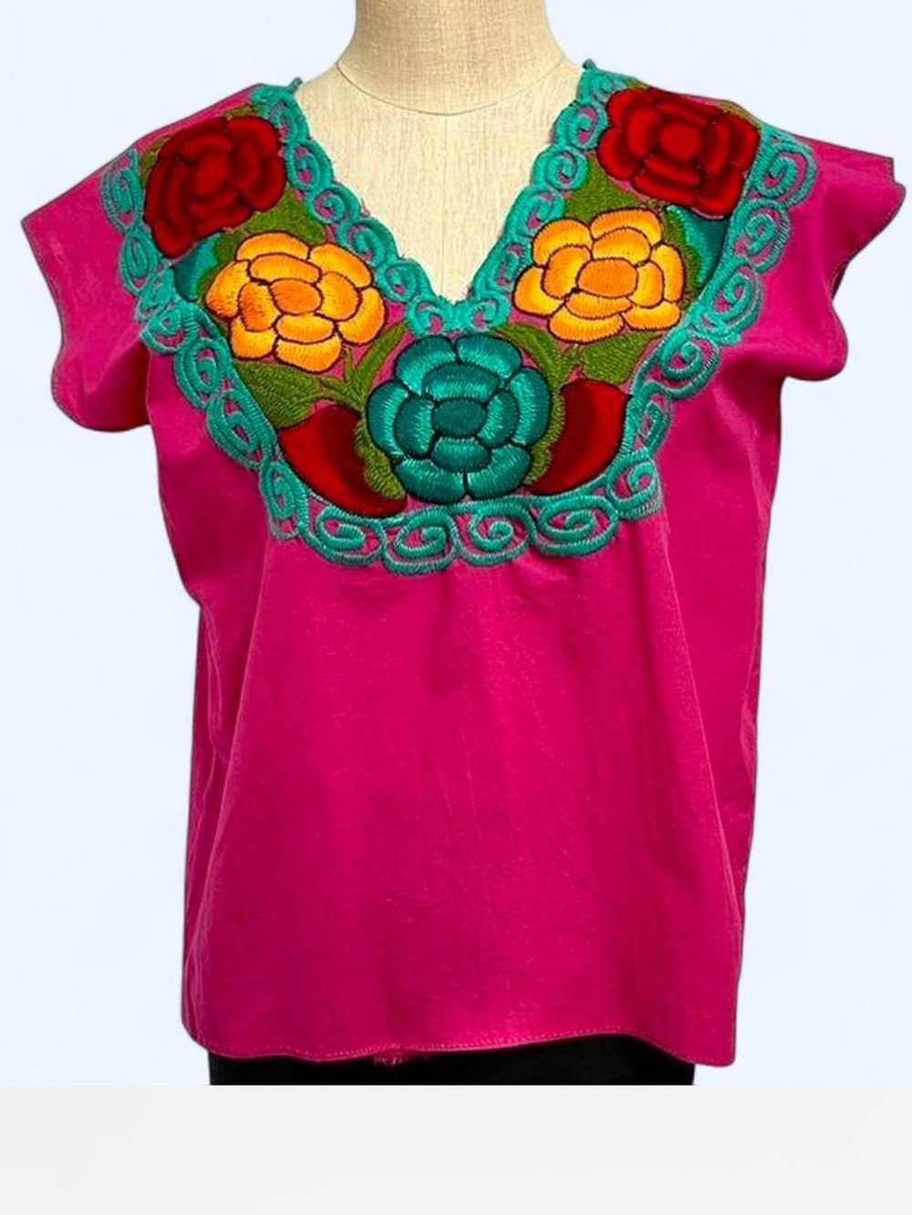 Artesanal Hand-Embroidered Fuchsia Floral V-Neck Women's Top